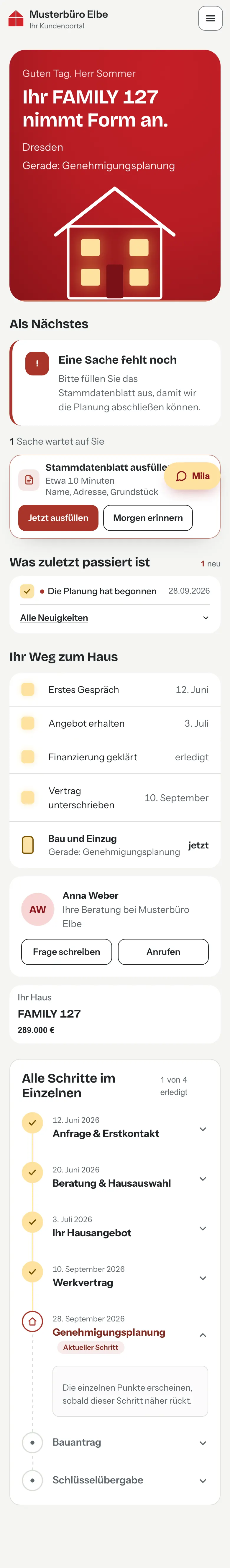 Kundenportal auf dem Handy: „Ihr FAMILY 127 nimmt Form an“, der nächste Schritt, die letzten Neuigkeiten und der Weg zum Haus von der ersten Beratung bis zur Schlüsselübergabe.