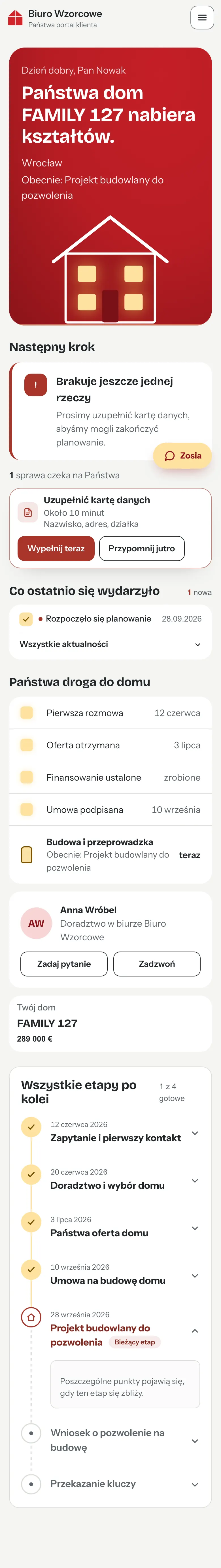 Portal klienta na telefonie: „Państwa dom FAMILY 127 nabiera kształtów”, następny krok, ostatnie wydarzenia i droga do domu od pierwszej rozmowy do przekazania kluczy.