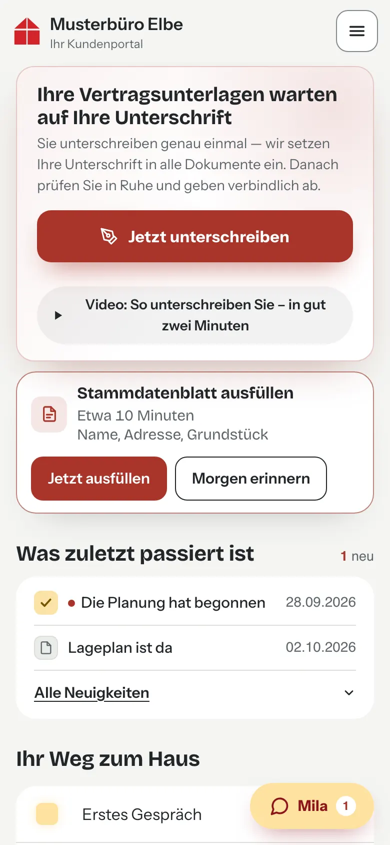 Kundenportal auf dem Handy: Die Vertragsunterlagen warten auf die Unterschrift, Knopf „Jetzt unterschreiben“.