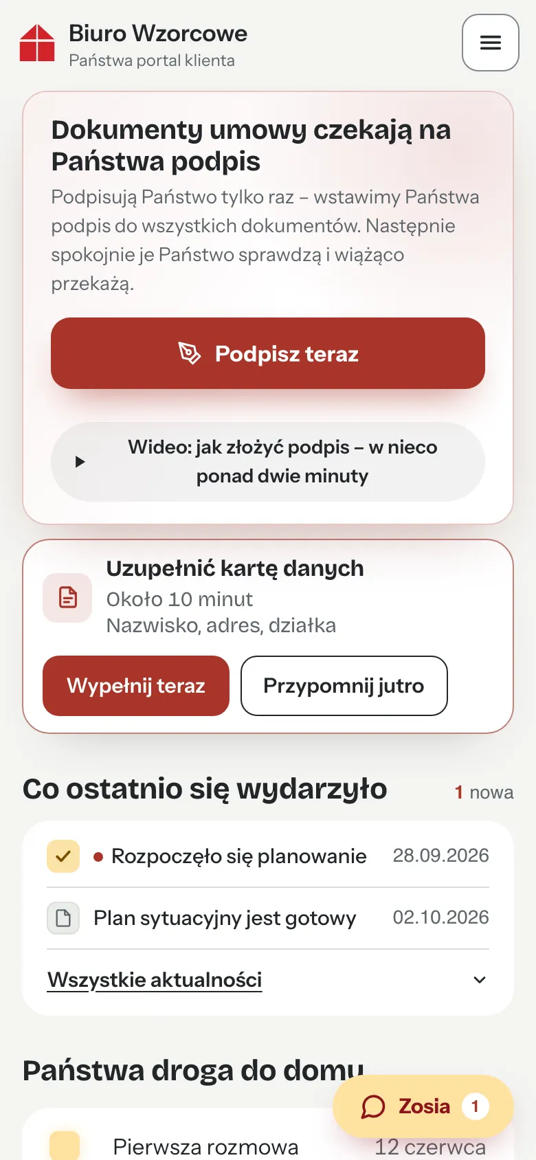 Portal klienta na telefonie: dokumenty umowy czekają na podpis, przycisk „Podpisz teraz”.
