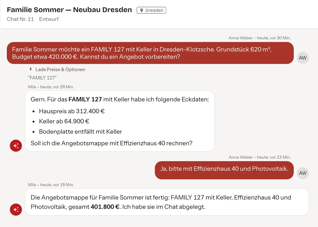 Team-App, Gespräch mit dem Agenten: Er nennt Hauspreis und Kellerpreis für ein FAMILY 127 und meldet die fertige Angebotsmappe über 401.800 €.