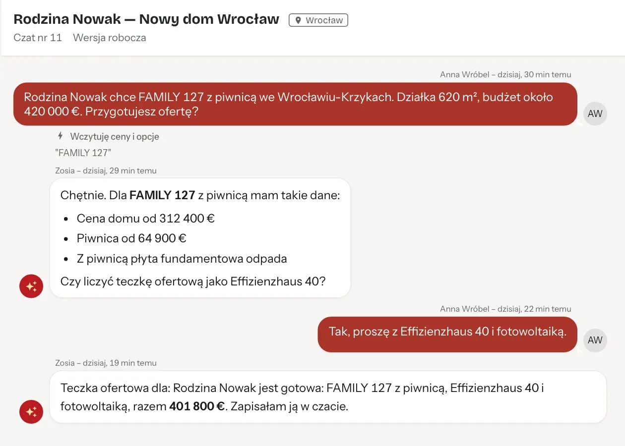 Aplikacja zespołu, rozmowa z agentem: podaje cenę domu i piwnicy dla FAMILY 127 i zgłasza gotową teczkę ofertową na 401 800 €.